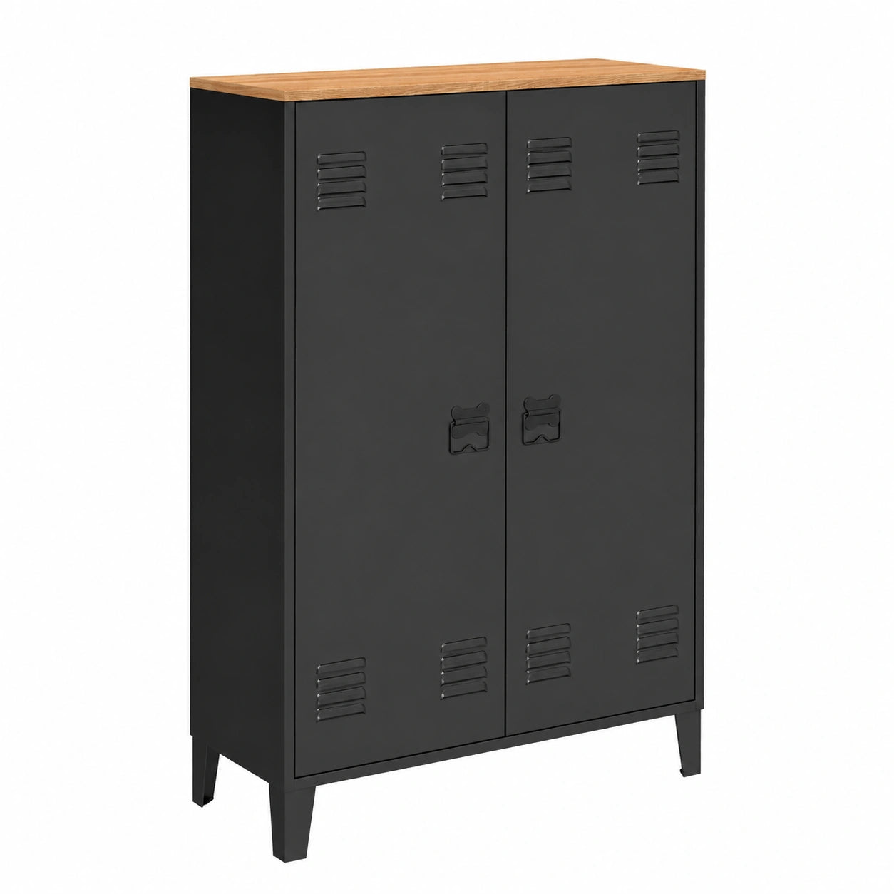 Armario Bajo Industrial en Metal Negro y Madera - Ester, 2 Puertas