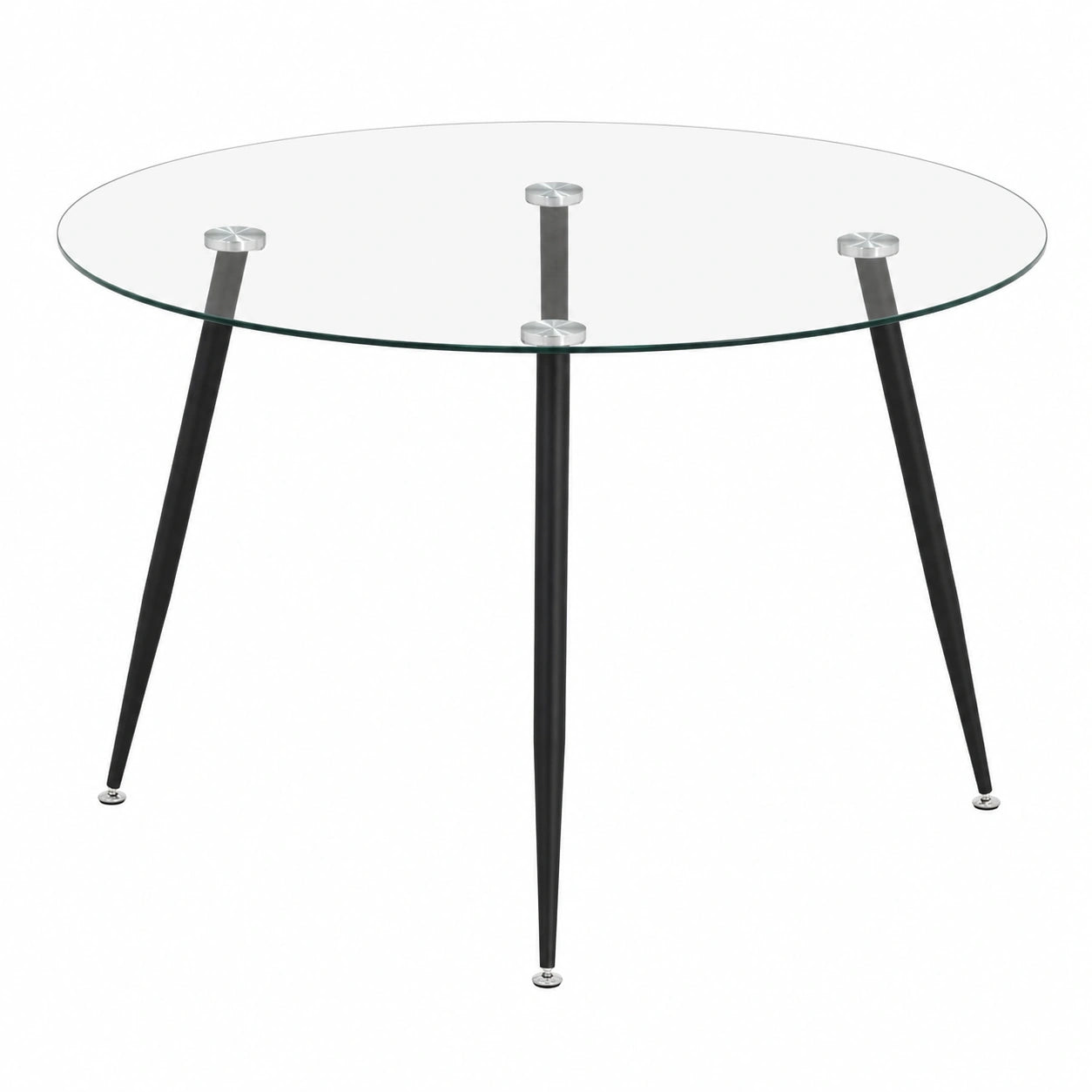 Mesa Redonda Comedor Corin, 120x120x75 cm, Cristal Transparente, Patas Negras, 4-6 Personas