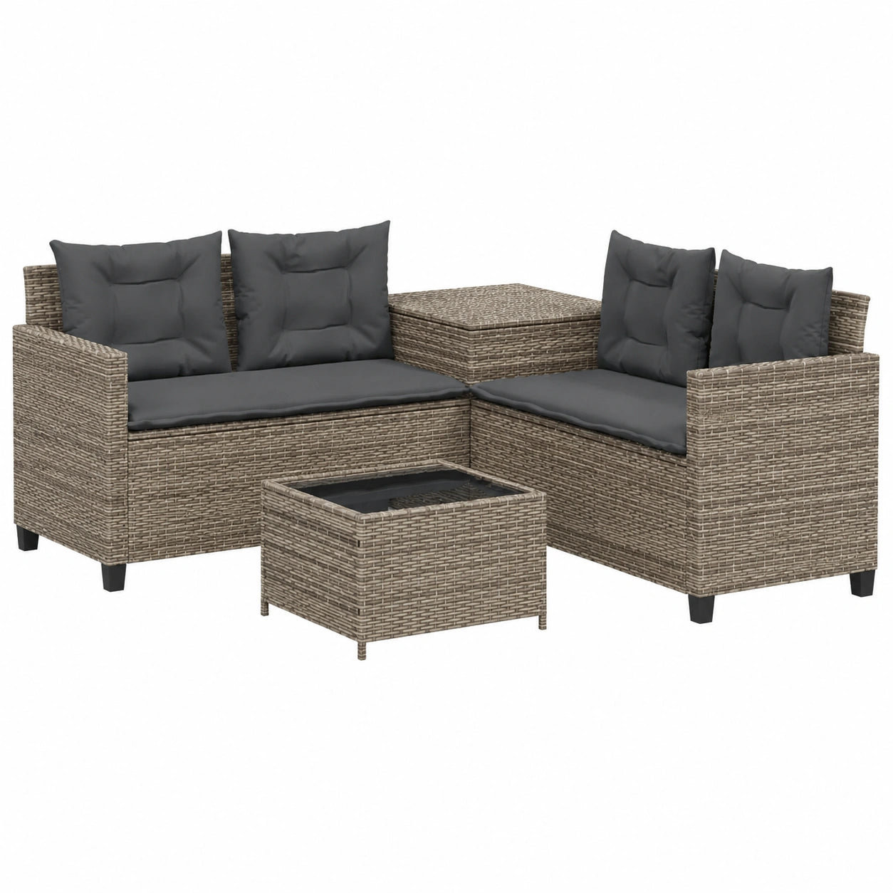 Conjunto de Sofá de Jardín en L con Mesa y Cojines de Ratán PE Gris