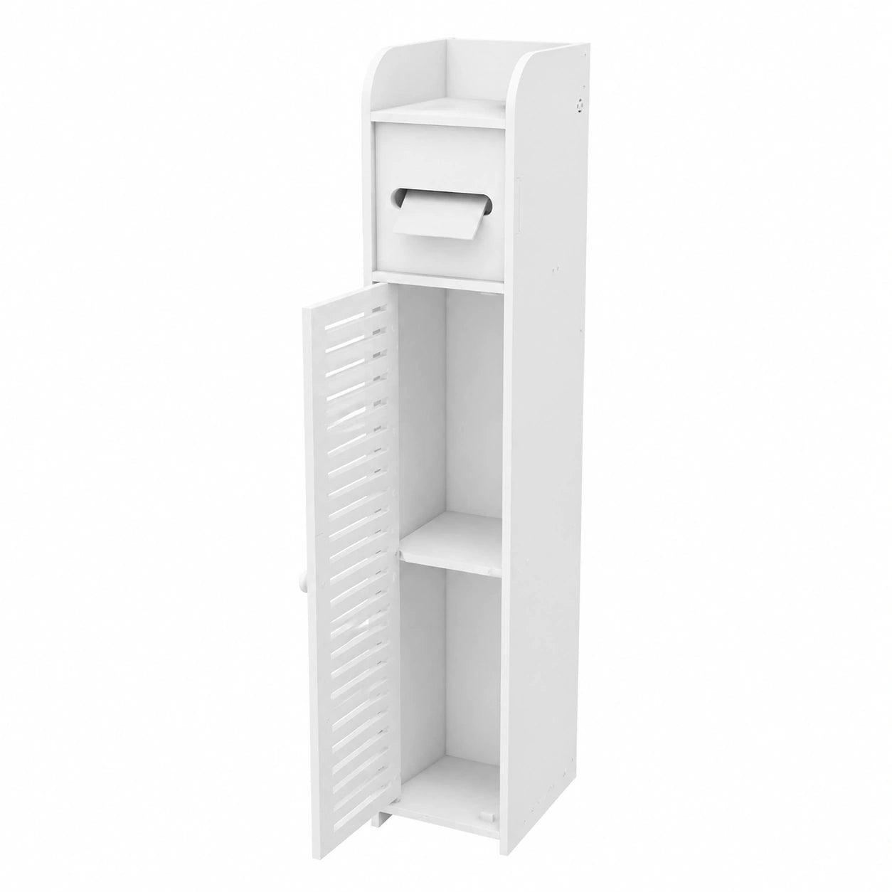 Armario delgado de madera para baño con puerta y soporte para papel higiénico, 81x16x16 cm