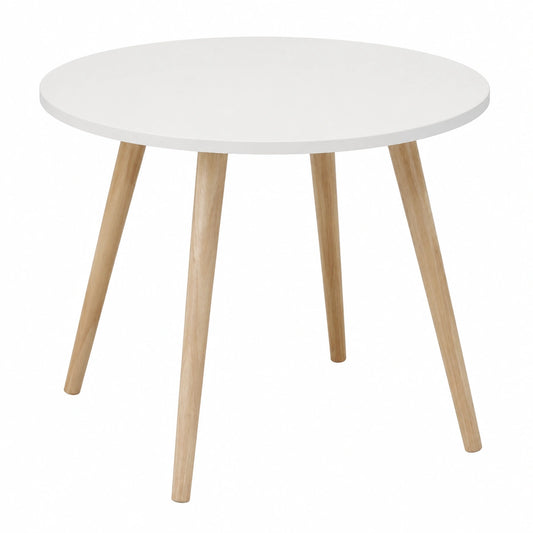 Mesa redonda moderna blanca con patas de madera para comedor y cocina