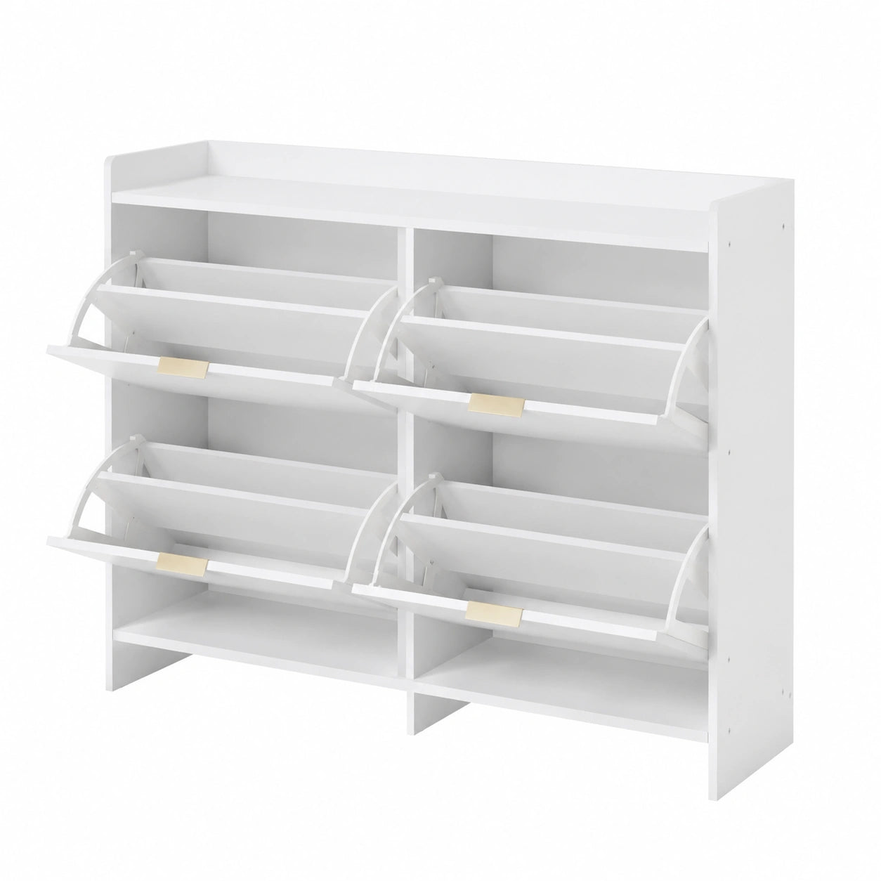 Zapatero moderno independiente de 4 compartimentos en blanco, ideal para entrada, pasillo o vestíbulo, 110x90x24 cm