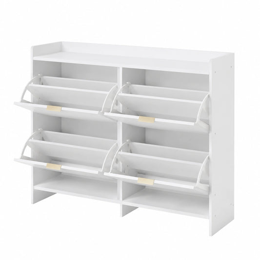 Zapatero moderno independiente de 4 compartimentos en blanco, ideal para entrada, pasillo o vestíbulo, 110x90x24 cm