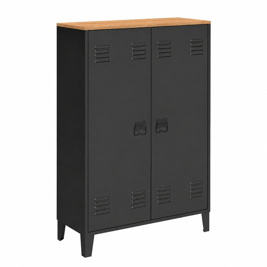 Armario Bajo Industrial en Metal Negro y Madera - Ester, 2 Puertas