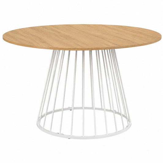 Mesa Redonda Extensible Yuna para Comedor, Madera y Metal, 4-8 Personas, Blanco