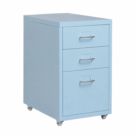 Mueble Archivador de Metal con 3 Cajones y Ruedas para Oficina y Hogar, Color Azul Claro