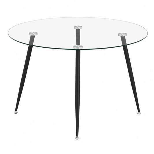 Mesa Redonda Comedor Corin, 120x120x75 cm, Cristal Transparente, Patas Negras, 4-6 Personas