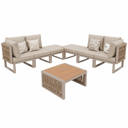 Conjunto de Jardín para 6 Personas con Mesa de Madera y Respaldo Ajustable, Polirratán Resistente al Clima y UV