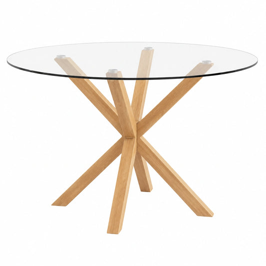 Mesa de Comedor Redonda de Cristal con Patas Metálicas Imitación Madera