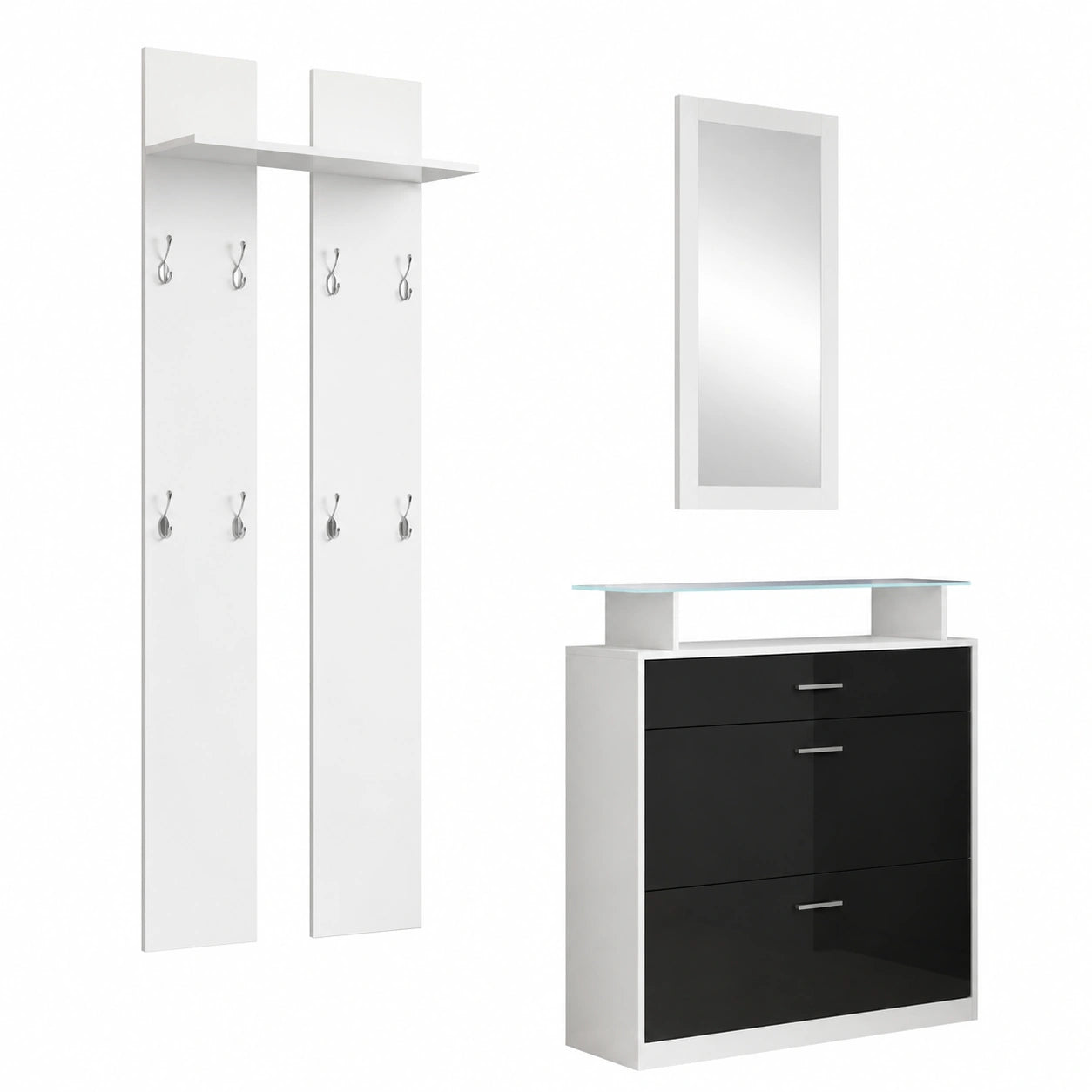 Conjunto de Entrada Paola con Zapatero y Espejo, Perchero, Luz LED, Diseño Moderno, Melamina Brillante, Blanco y Negro