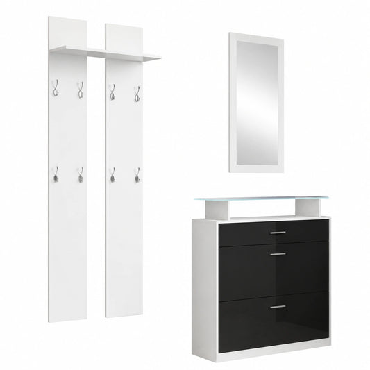 Conjunto de Entrada Paola con Zapatero y Espejo, Perchero, Luz LED, Diseño Moderno, Melamina Brillante, Blanco y Negro