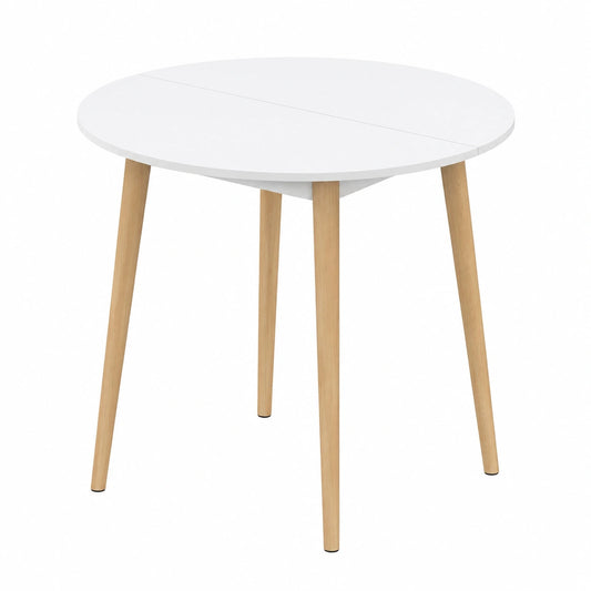 Mesa de Comedor Redonda Angela para 4 Personas, Blanca con Patas de Madera