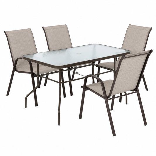 Conjunto de Jardín Monty: Mesa de Acero y Cristal de 140 cm con 4 Sillas Textilene Beige
