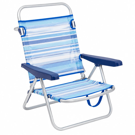 Silla de Playa Plegable Reclinable de Aluminio, Rayas Azules, 4 Posiciones, 100kg